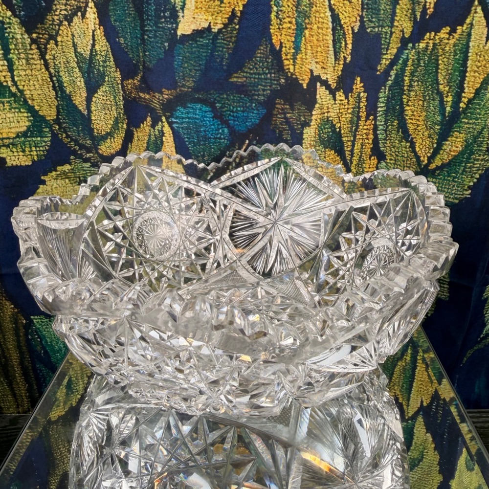 Antique ABP Cut Glass Bowl American Brilliant Period Hobstar Starburst 8 Inch